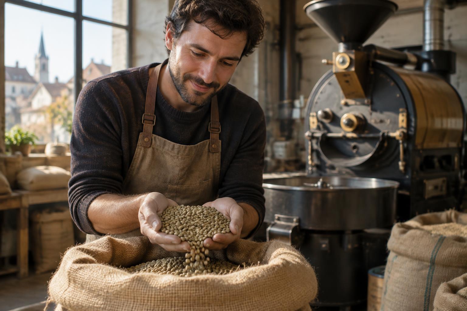 Torréfacteur dans son atelier, les mains pleines de grains de café vert au-dessus d'un sac de jute